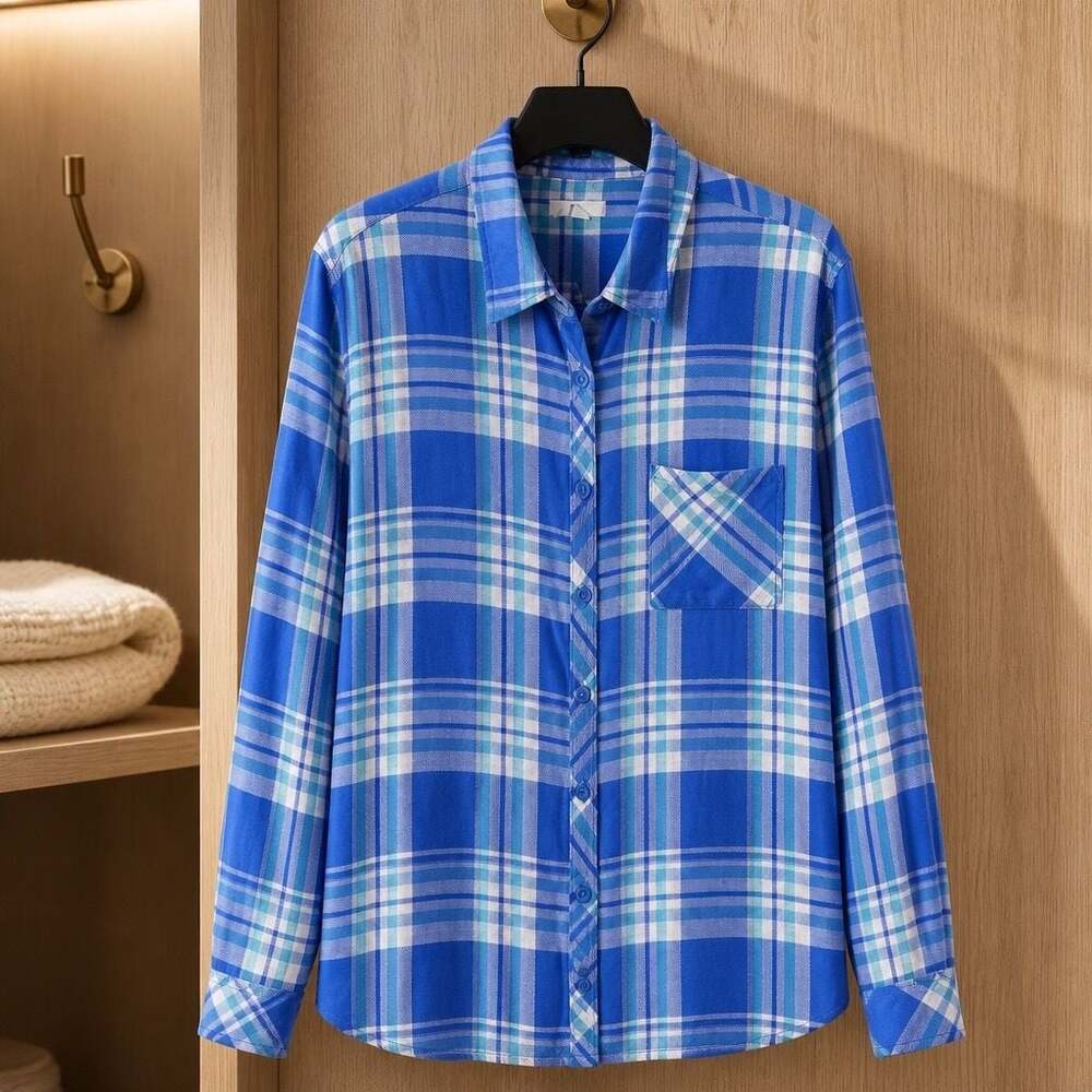 BLL New York Blue Plaid Rayon Button Down Shirt #785